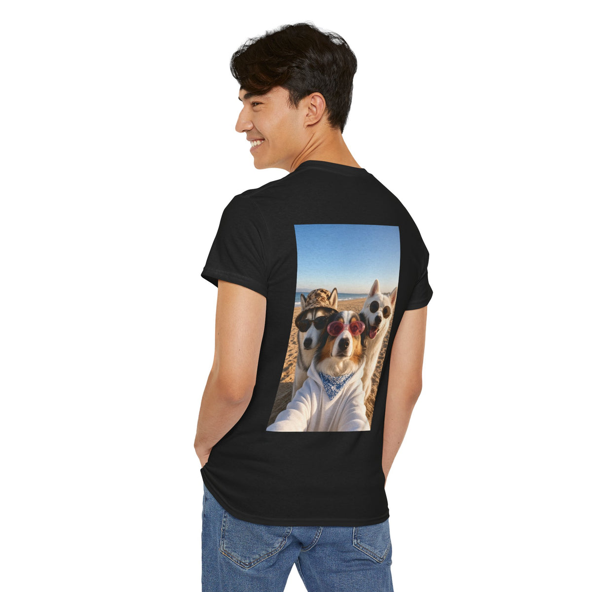 Dog Selfie Beach T‑Shirt — Cute Trio Sunglasses Photo Tee
