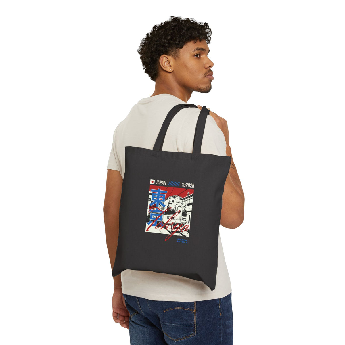 Tokyo Street Scene Canvas Tote Bag — Vintage Retro Train Graphic