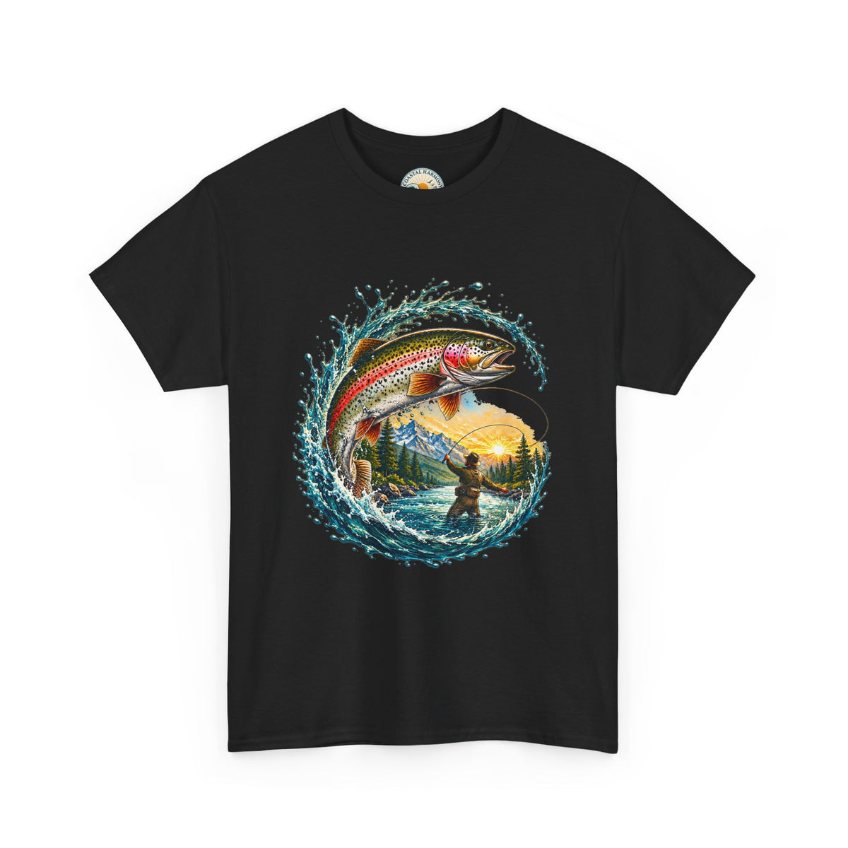 Fishing T-Shirt — Rainbow Trout Wave Design (Fisherman Sunset Scene)