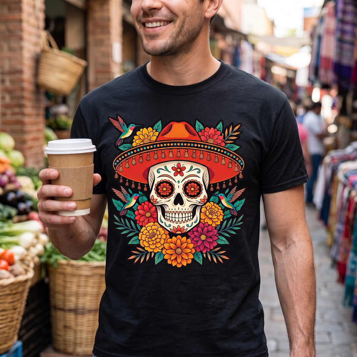 Floral Sugar Skull Sombrero Premium Tee — Day of the Dead Graphic Tee