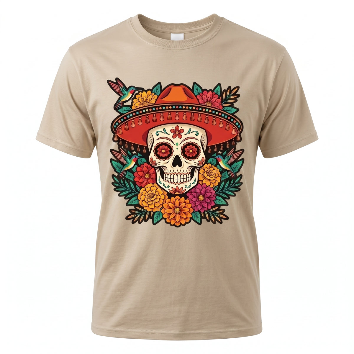 Floral Sugar Skull Sombrero Premium Tee — Day of the Dead Graphic Tee