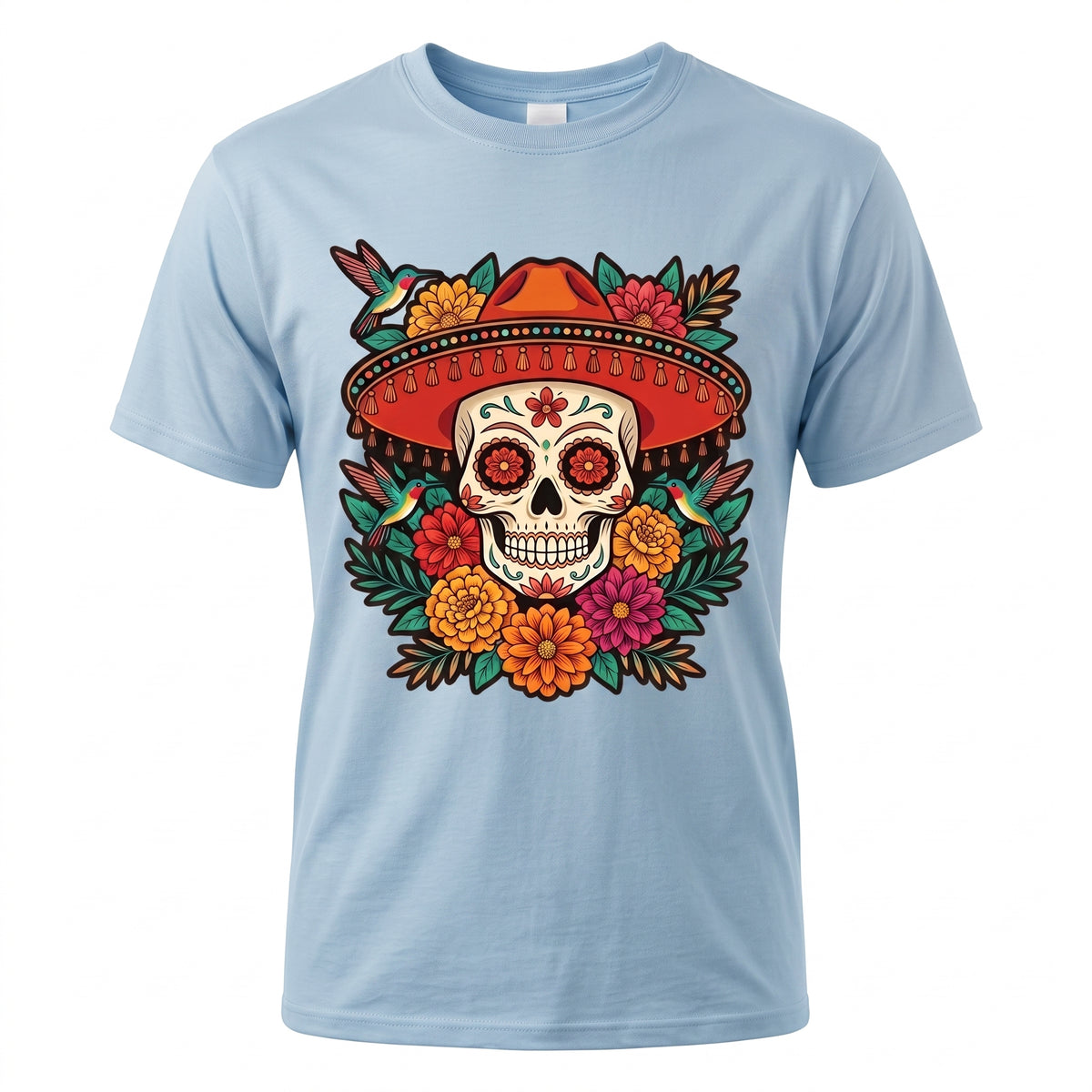 Floral Sugar Skull Sombrero Premium Tee — Day of the Dead Graphic Tee