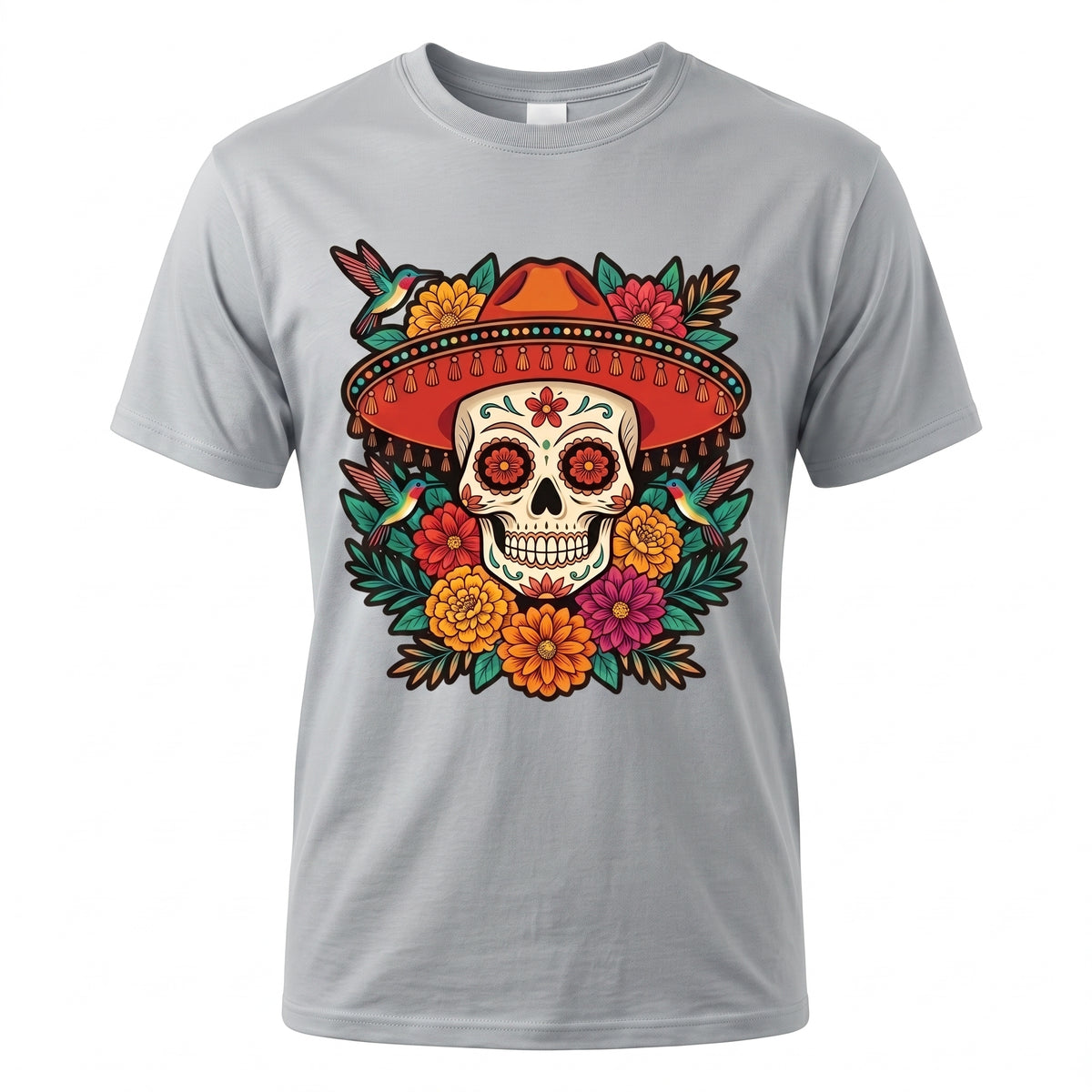 Floral Sugar Skull Sombrero Premium Tee — Day of the Dead Graphic Tee