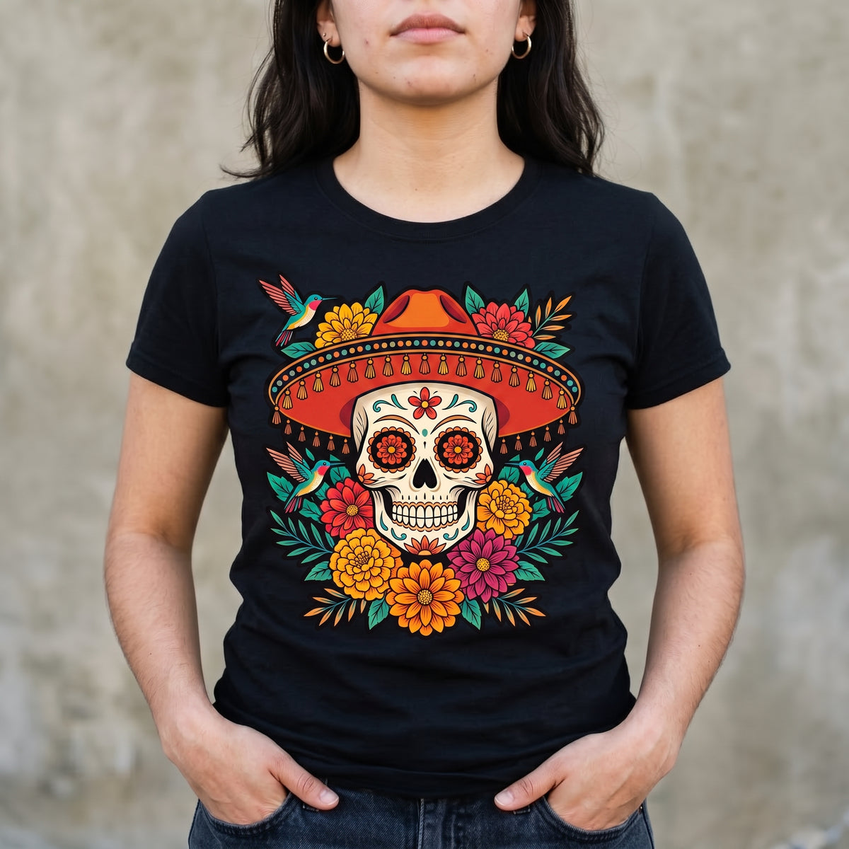 Floral Sugar Skull Sombrero Premium Tee — Day of the Dead Graphic Tee