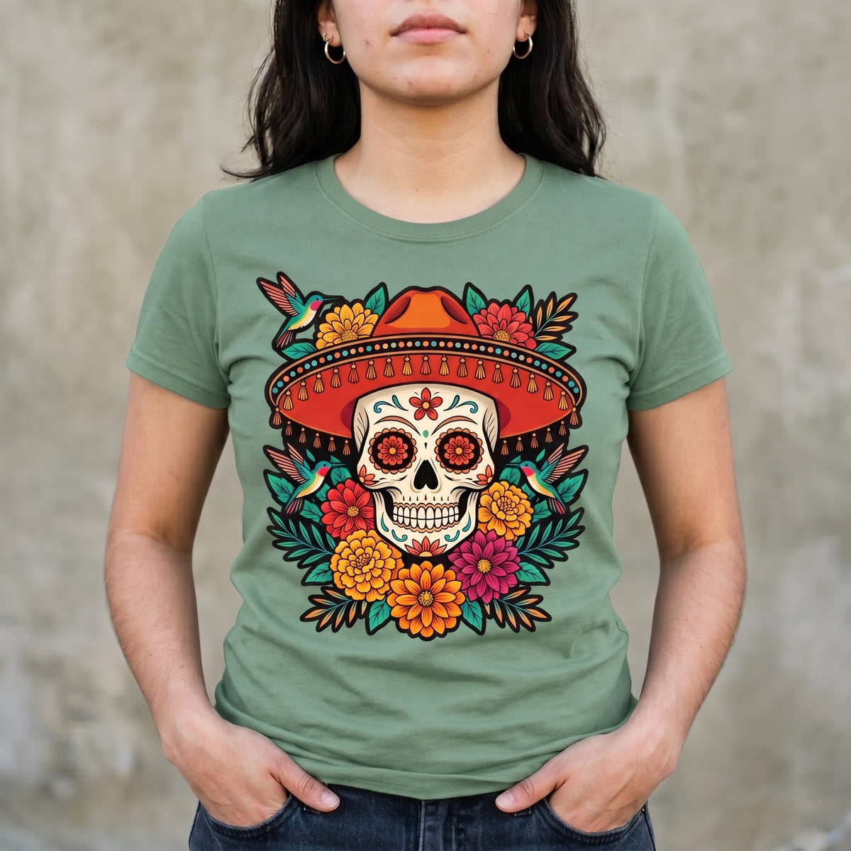 Floral Sugar Skull Sombrero Premium Tee — Day of the Dead Graphic Tee