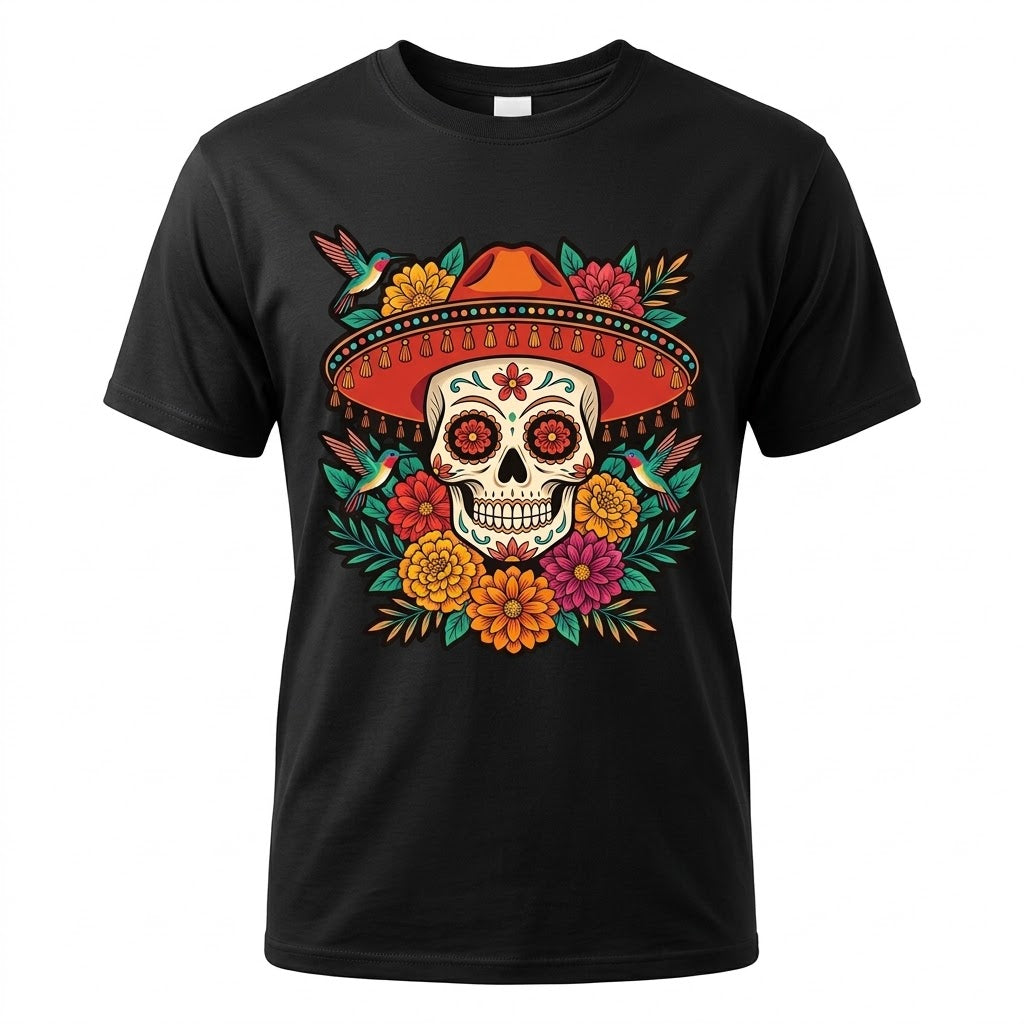 Floral Sugar Skull Sombrero Premium Tee — Day of the Dead Graphic Tee