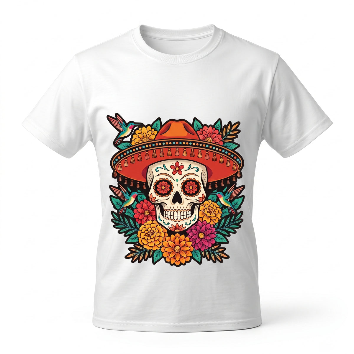 Floral Sugar Skull Sombrero Premium Tee — Day of the Dead Graphic Tee