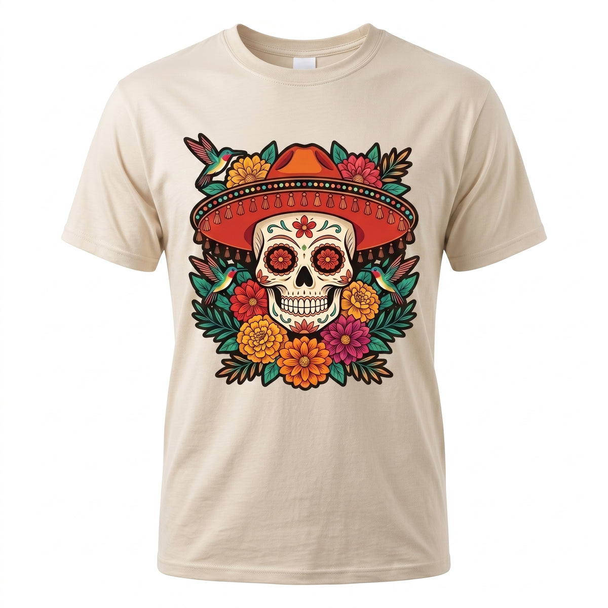 Floral Sugar Skull Sombrero Premium Tee — Day of the Dead Graphic Tee