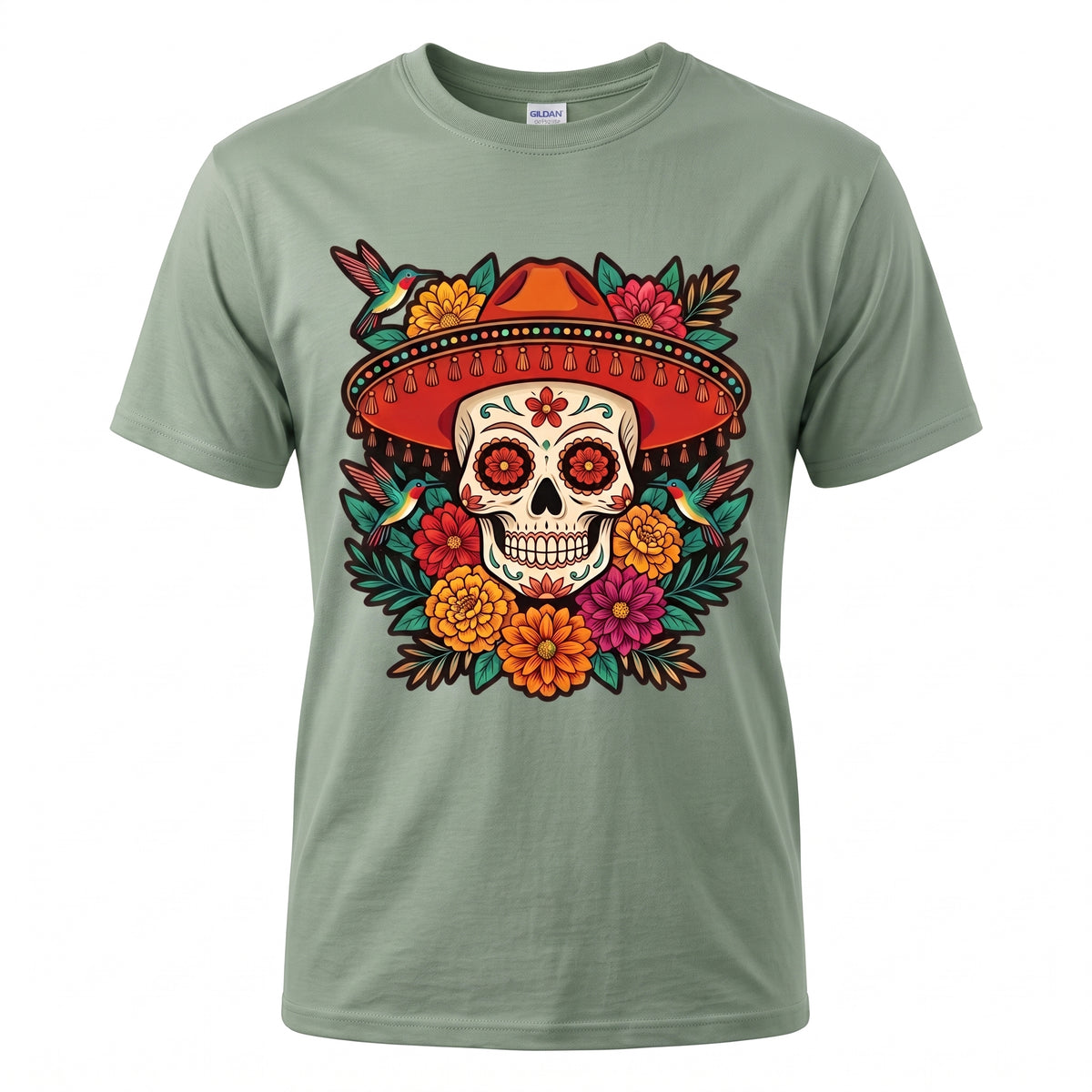 Floral Sugar Skull Sombrero Premium Tee — Day of the Dead Graphic Tee
