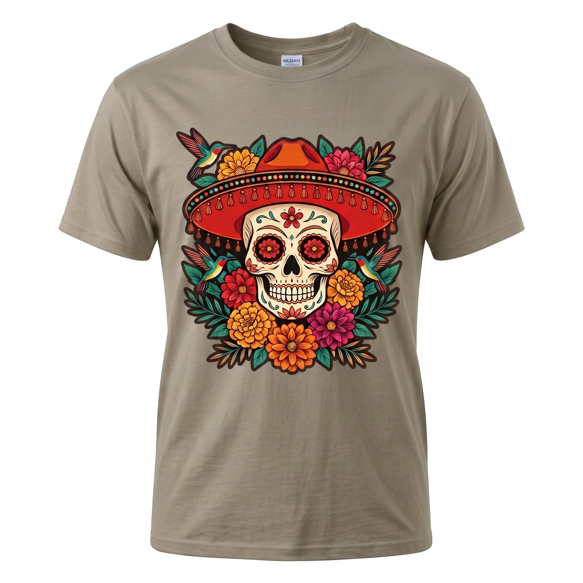 Floral Sugar Skull Sombrero Premium Tee — Day of the Dead Graphic Tee